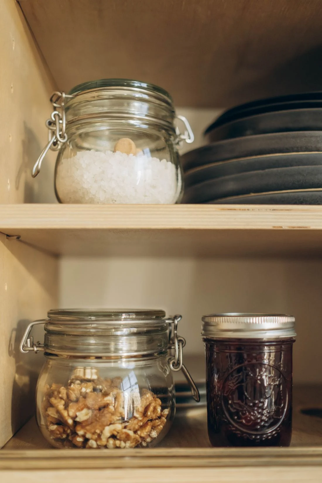 Close view of pantry jars with dry ingredients