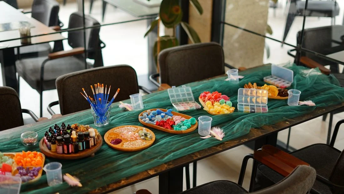 Art supplies arranged on a craft table