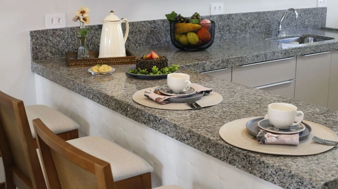 Breakfast place settings at a kitchen counter
