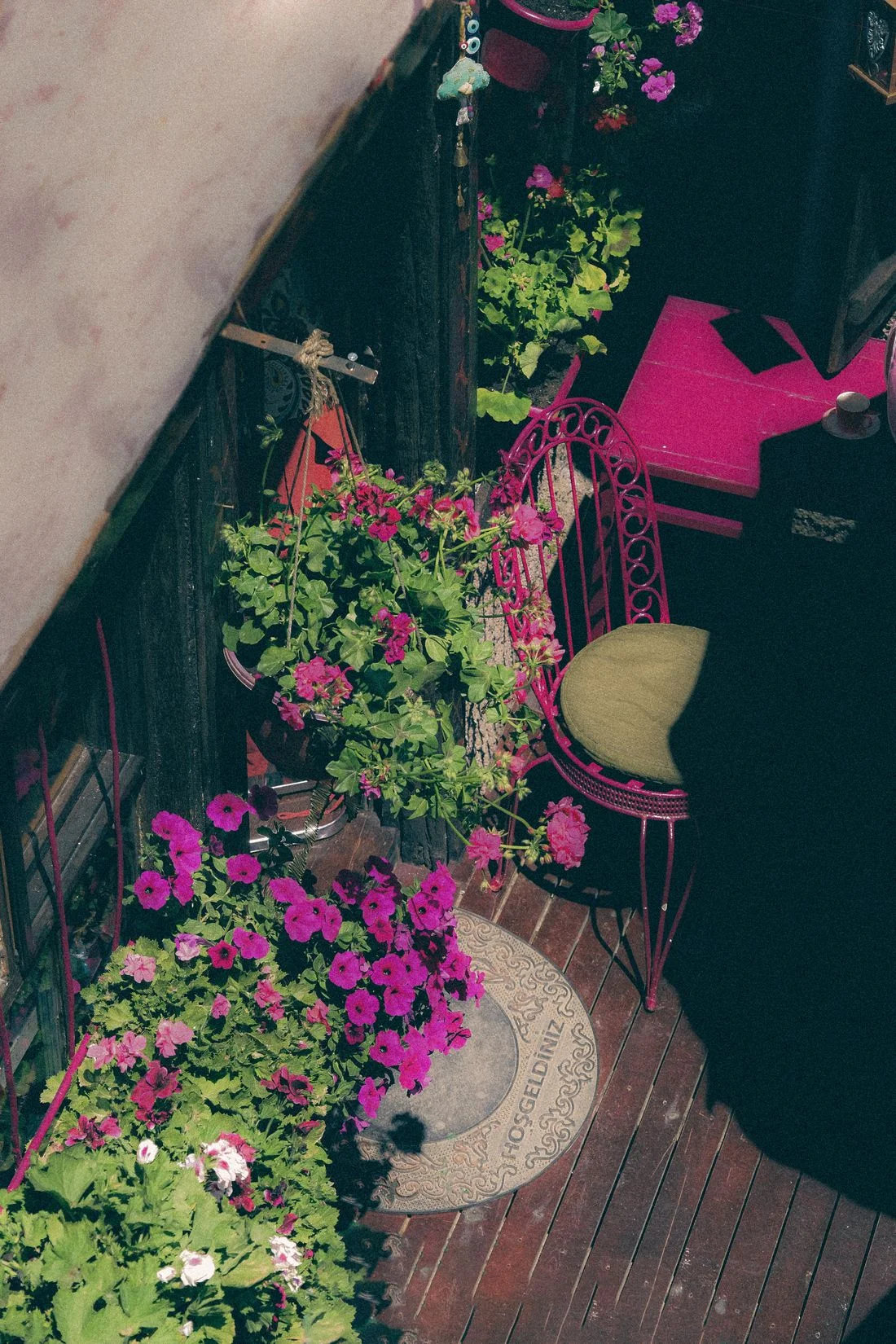 Flowering pots beside colorful patio furniture